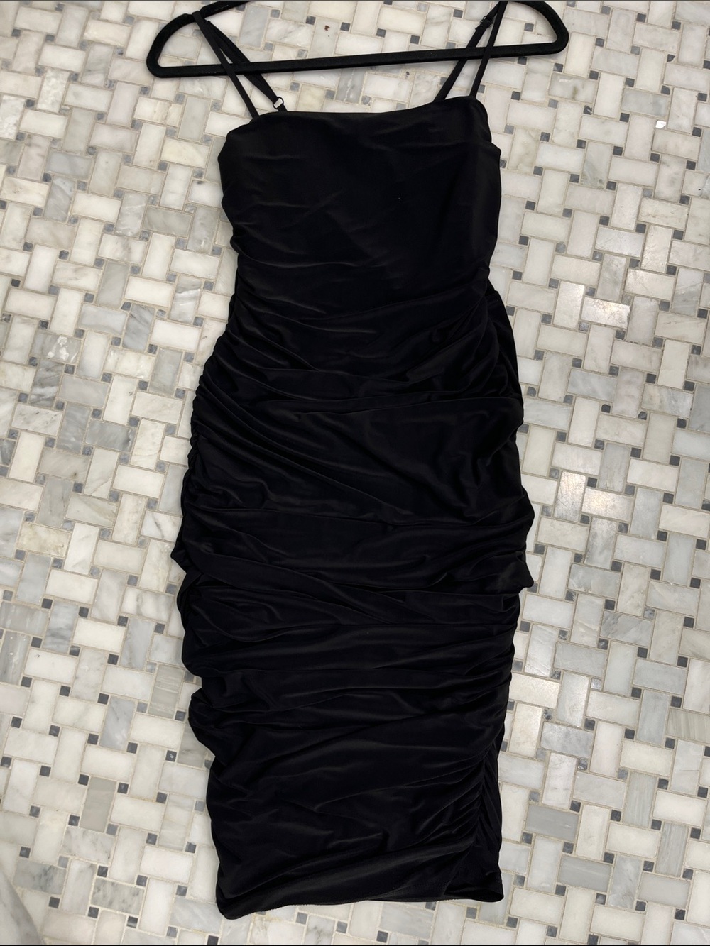 Guess Black Ruched Midi Dress with Spaghetti Straps